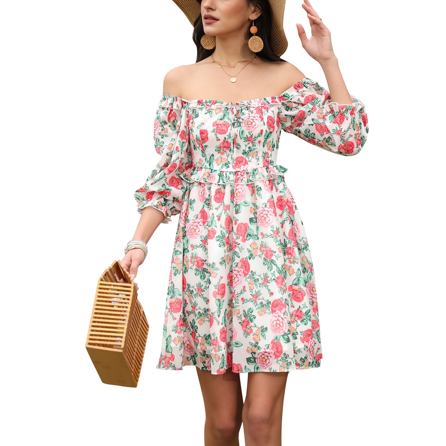 Exlura Women’s Off Shoulder Floral Ruffle Dress Sundress Tie Back Puff Sleeve Backless Square Neck Mini Summer Dress