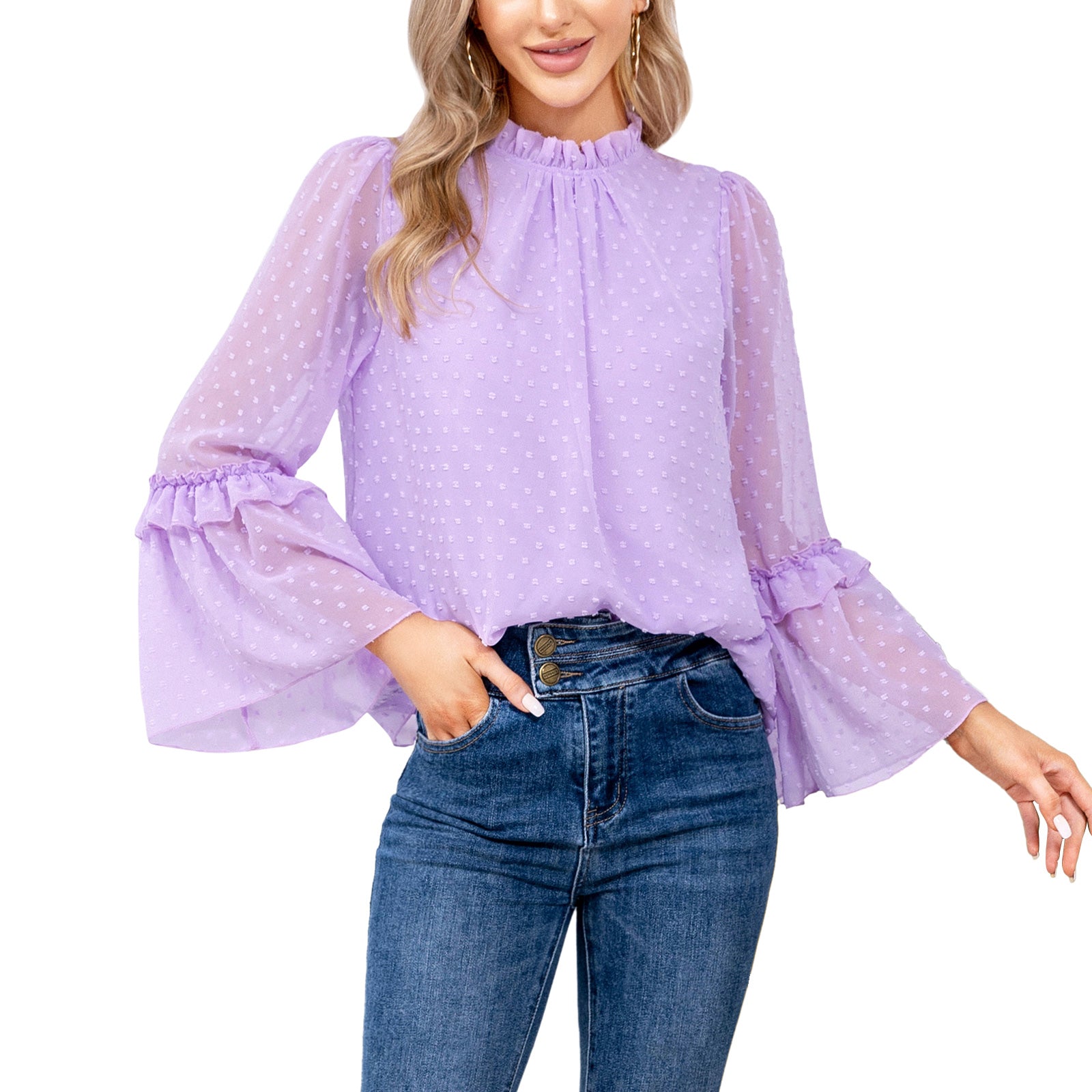 EXLURA Women's Swiss Dot Long Bell Sleeve Tops Shirts Ruffle