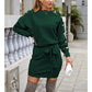 EXLURA Womens Off Shoulder Sweater Dresses Boat Neck Long Sleeve Knitted Tie Wasit Bowknot Pullover Mini Dress