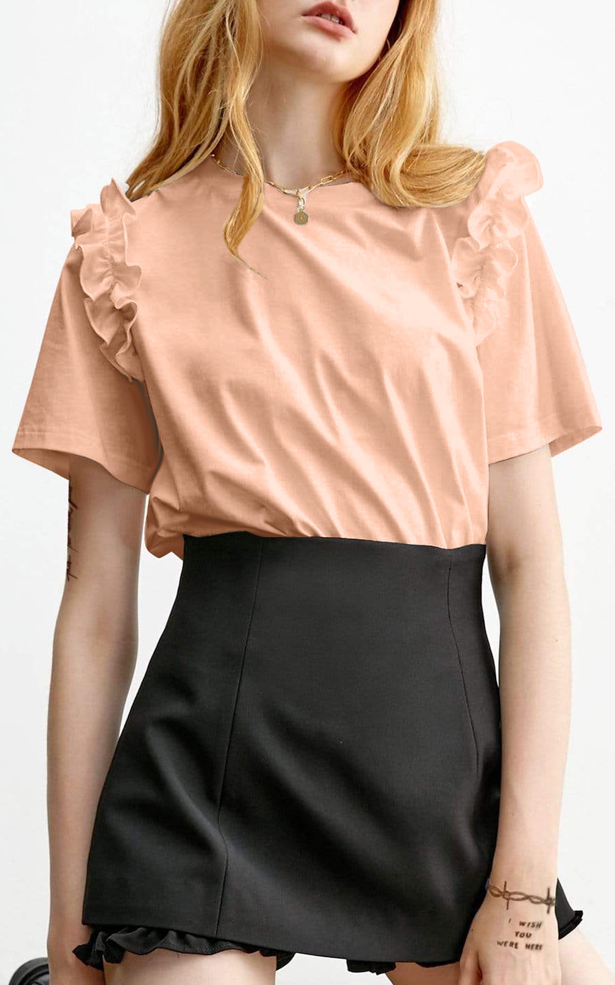 Casual T Shirt - Round Neck Ruffle Short Sleeve