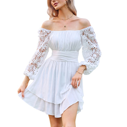 KRDR302EXLURA Women’s Lace Long Puff Sleeve Mini Dress Square Neck Backless Short Swing Party Dress Tie Back Bridesmaid Wedding Guest Dresses