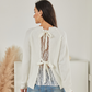 Exlura Womens Tie Back Backless Patchwork Lace Top Round Neck Long Sleeve Knit Pullover Sweater Sexy Casual Trendy Tops