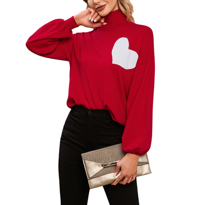 EXLURA Women’s Heart Chunky Pullover Sweater Turtleneck Knit Long Puff Sleeve Jumpers Tops Casual Trendy