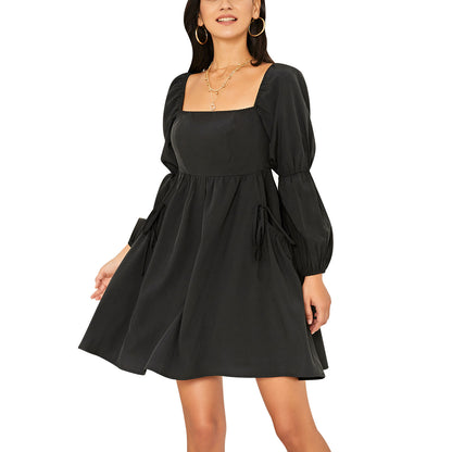 Exlura Women’s Casual Mini Dress with Pockets Square Neck Long Puff Sleeve Dress Empire Waist Boho Wedding Guest Dress