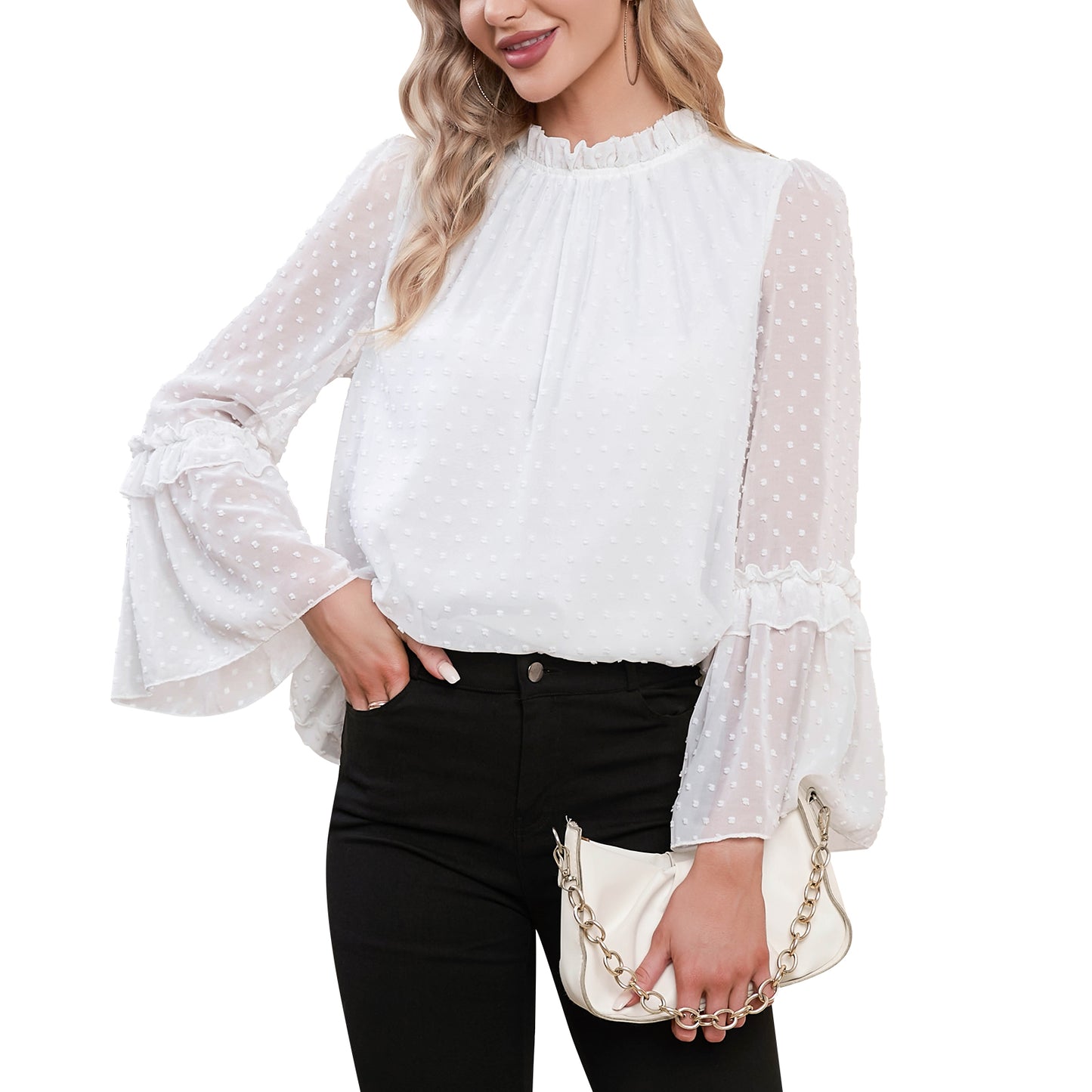 EXLURA Women’s Swiss Dot Long Bell Sleeve Tops Shirts Ruffle Mock Neck Blouses Flowy Chiffon Dressy Tops