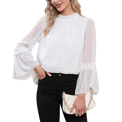 EXLURA Women’s Swiss Dot Long Bell Sleeve Tops Shirts Ruffle Mock Neck Blouses Flowy Chiffon Dressy Tops