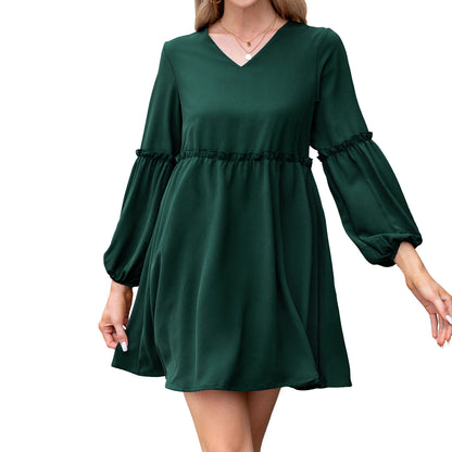 Exlura Women’s Casual Flowy Tunic Tshirt Dress V Neck Ruffle Long Puff Sleeve Dress Cocktail Party Mini Dress