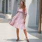 EXLURA Women's Back Tie Knot Square Neck Smocked Bust Puff Elbow Sleeve Ruffle Plaid Tiered Midi Dress