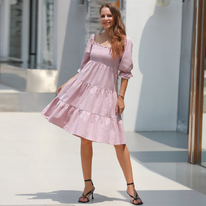 EXLURA Women's Back Tie Knot Square Neck Smocked Bust Puff Elbow Sleeve Ruffle Plaid Tiered Midi Dress