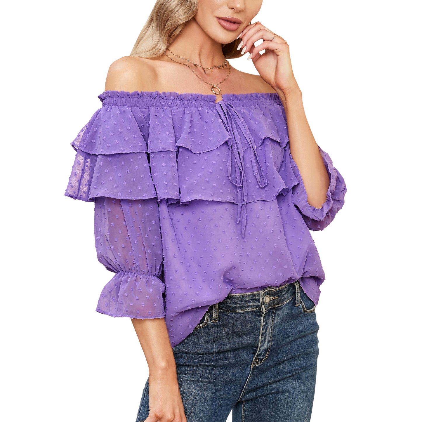 EXLURA Women’s Off The Shoulder Layered Ruffle Tops Swiss Dot Long Puff Sleeve Blouses Shirts Flowy Party Dressy Tops