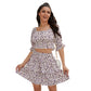 Exlura Women’s Two Piece Tiered Ruffle Outfit Tie Back Elbow Sleeve Crop Top Smocked Waist Off Shoulder Square Neck Tops and Mini Skirt Set
