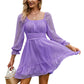 Exlura Women’s Swiss Dot Flowy Mini Dress Square Neck Long Lantern Sleeve Ruffle Dress Casual Cottagecore Boho Dress