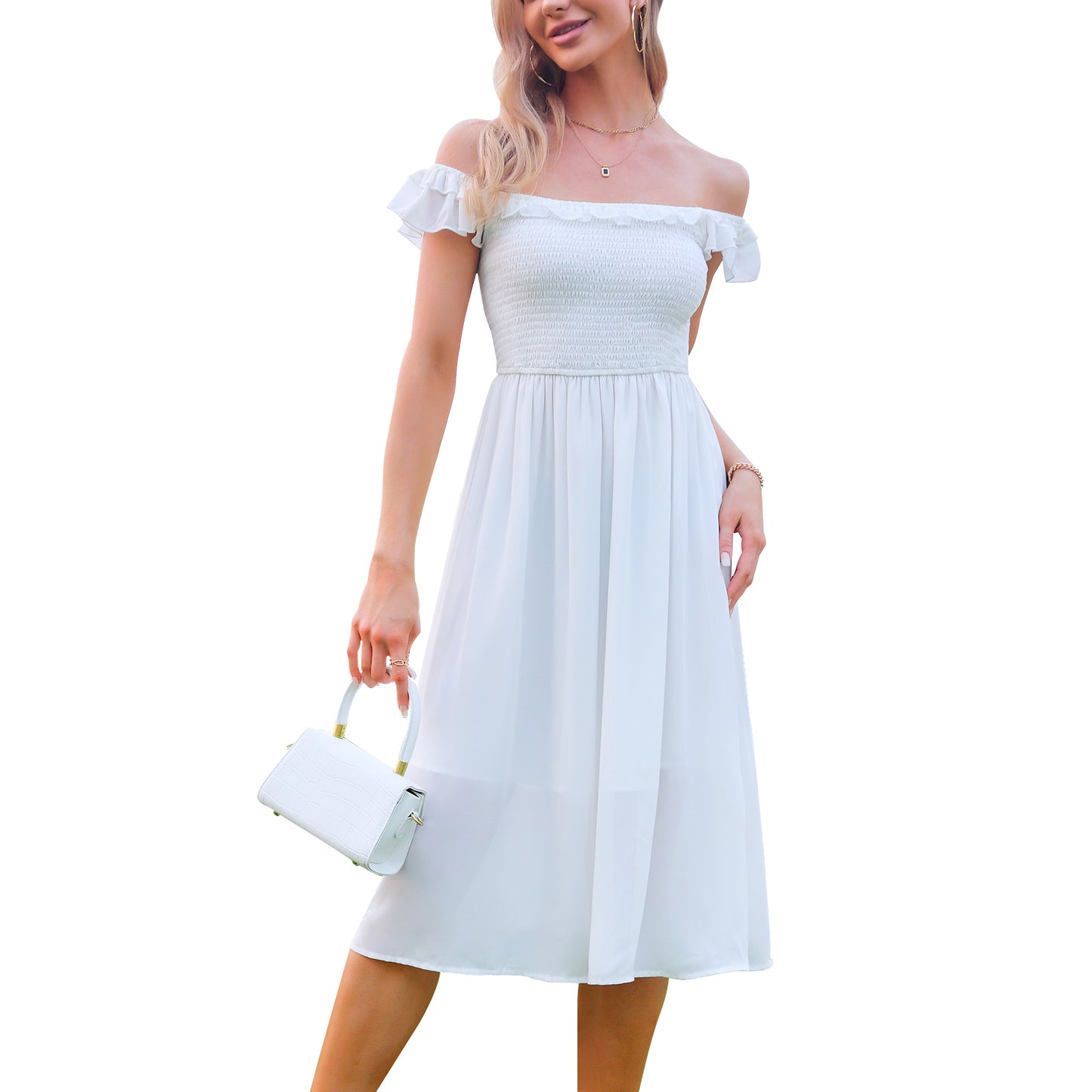 EXLURA Women's Sleeveless Dress Square Neck Floral Print High Waist A-line Ruffle Smocked Backless Midi Dress