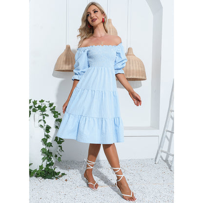 EXLURA Women's Back Tie Knot Square Neck Smocked Bust Puff Elbow Sleeve Ruffle Plaid Tiered Midi Dress