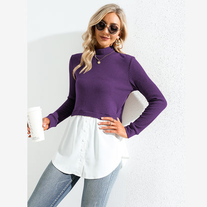 EXLURA Women's Patchwork Shirt Office Shirt Ribbed Sleeve Button Down Shirt Hem 2 in 1 Pullover Blouse Tops for Work