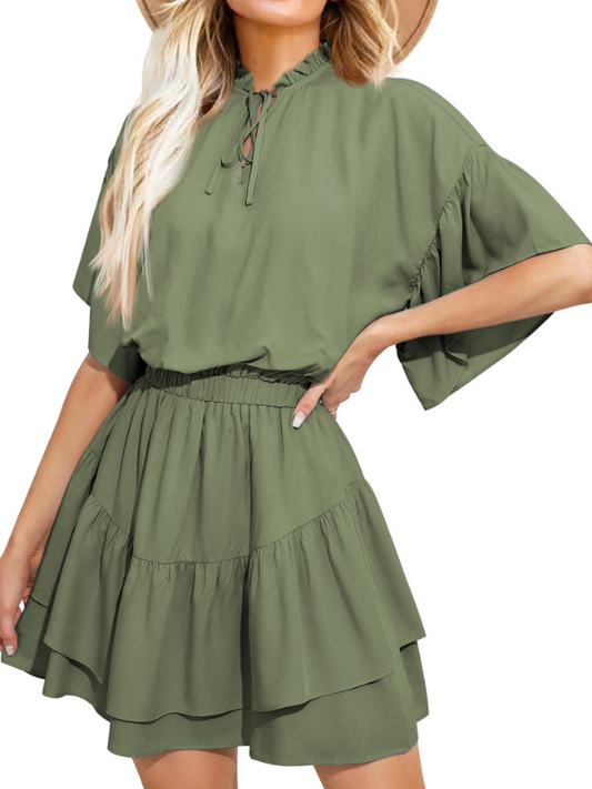 EXLURA Women’s Summer Boho Flowy Mini Dress - V Neck Short Bell Sleeve Layered Ruffle A Line Casual Wedding Guest Dress