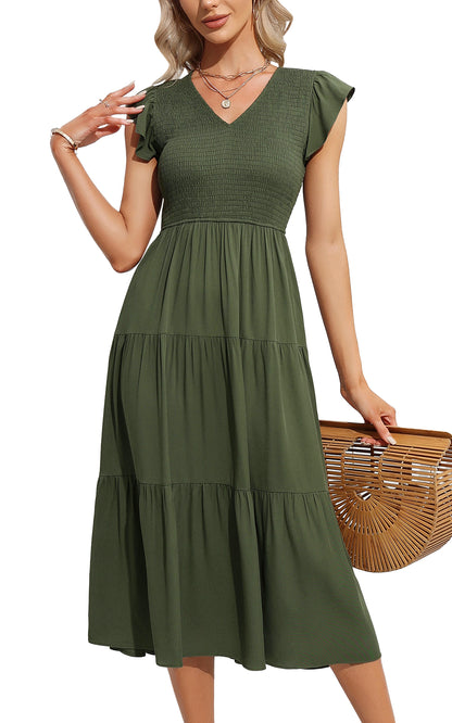 EXLURA Women's Summer Flowy Midi Dress - V Neck Smocked Ruffle Flutter Short Sleeve Boho Wedding Guest Dress