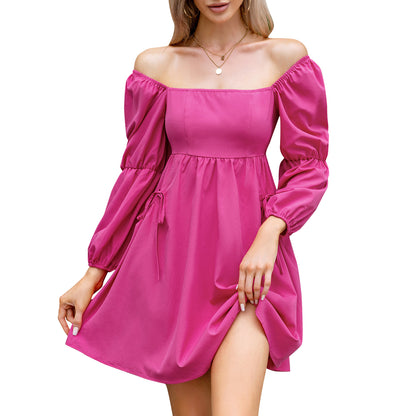 Exlura Women’s Casual Mini Dress with Pockets Square Neck Long Puff Sleeve Dress Empire Waist Boho Wedding Guest Dress