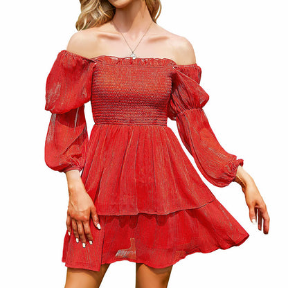 Exlura Women’s Smocked Ruffle Vintage Mini Dress Layered Square Neck Long Puff Sleeve Dress Elegant Glitter Cocktail Party Dress