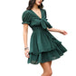 Exlura Women’s V Neck Summer Ruffle Dress Sundress Tiered Smocked Tie Front Short Puff Sleeve Swing Mini Dress