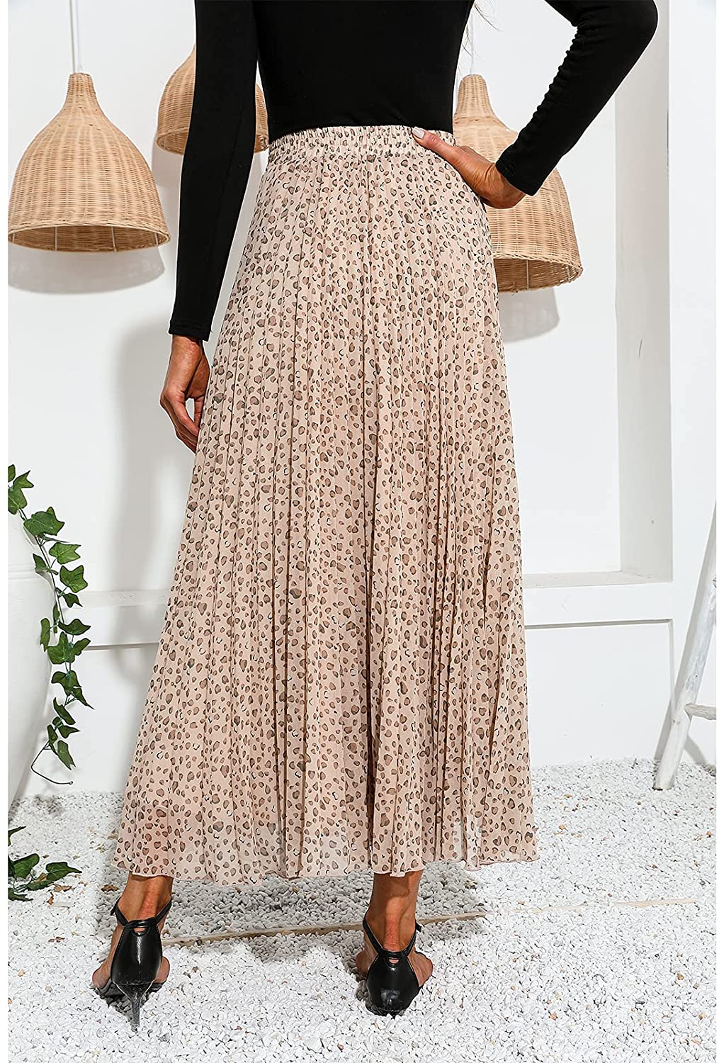 EXLURA Women's Floral Printed Chiffon Elastic High Waist Pleated Long Maxi Skirt