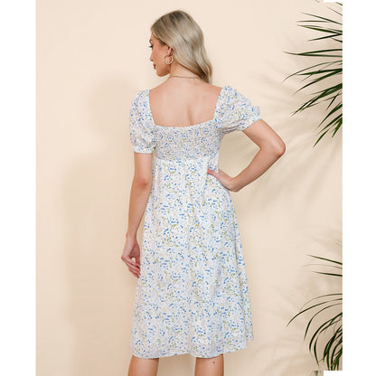 Exlura Women’s Puff Short Sleeve Sweetheart Neckline Long Dress Smocked Tie Front Split Backless Midi Dress