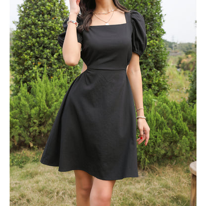 Exlura Women’s Backless Square Neck Party Dress Drawstring Tie Back Cut Out Puff Short Sleeve Club Mini Dress