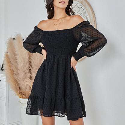 Exlura Women’s Vintage Mini Dress Round Neck Long Sleeve Swiss Dot Empire Waist Skater Dress Babydoll Casual Dress