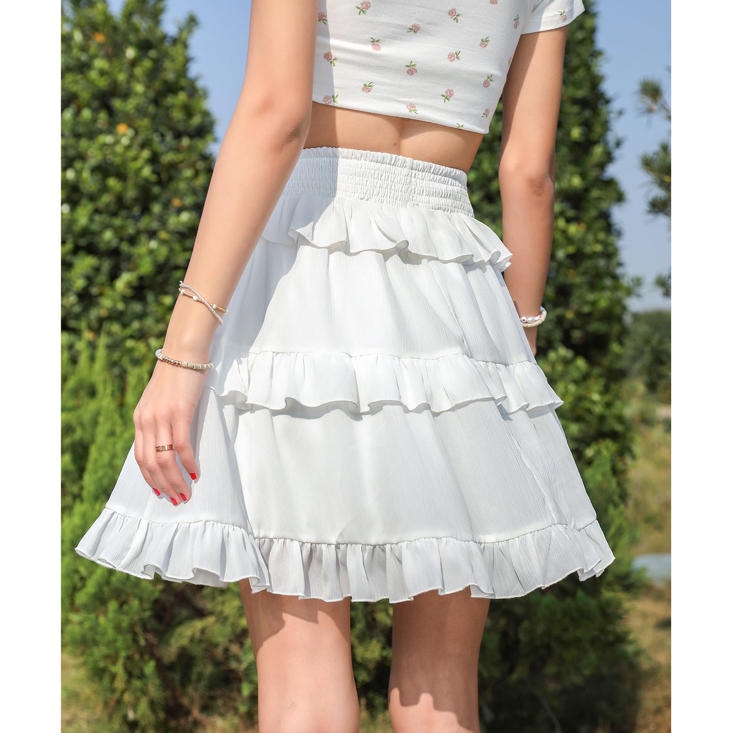 Exlura Women’s High Waist Tiered Ruffle Short Skirt Smocked Layered Elastic Waist A-Line Mini Skirt