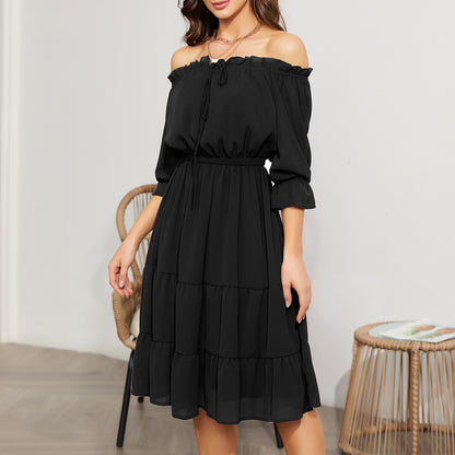 EXLURA Women’s Off Shoulder Long Dress Puff 3/4 Sleeve Tiered Tie Front Frill Hem Flowy Midi Dress Sundress