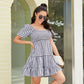 Exlura Women’s Off Shoulder Round Neck Dress Puff Short Sleeve Ruffle Plaid Tiered Swing Mini Dress Sundress