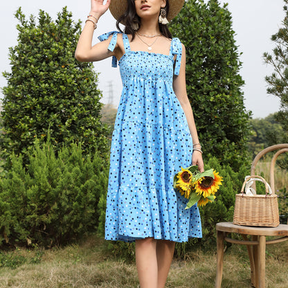 Exlura Women’s Polka Dot Vintage Boho Dress Square neck Smocked Tiered Tie Shoulder Sleeveless Strappy Floral Maxi Dress