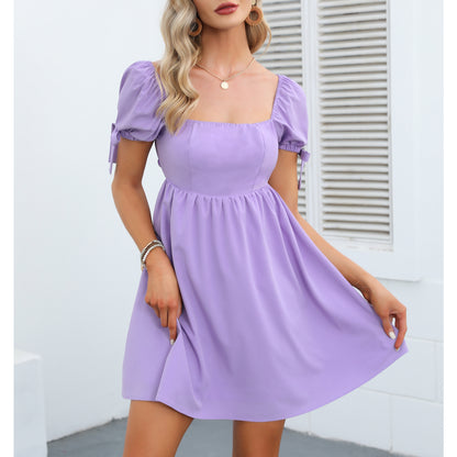 Square Neck Babydoll Dress Backless High Waist Tie Back Short Puff Sleeve Summer Mini Dress Sundress