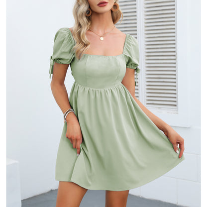 Square Neck Babydoll Dress Backless High Waist Tie Back Short Puff Sleeve Summer Mini Dress Sundress