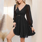 EXLURA Women’s Swiss Dot Flowy Mini Dress V Neck Long Puff Sleeve Tie Back Ruffle Dress Sexy Cottagecore Wedding Guest Dress