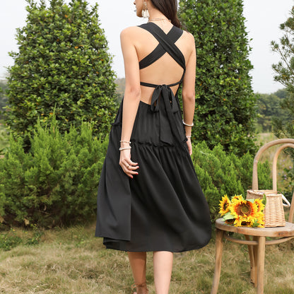 Exlura Women’s Sleeveless Square Neck Backless Midi Dress Smocked Strappy Criss Cross Tie Back Elegant Dress