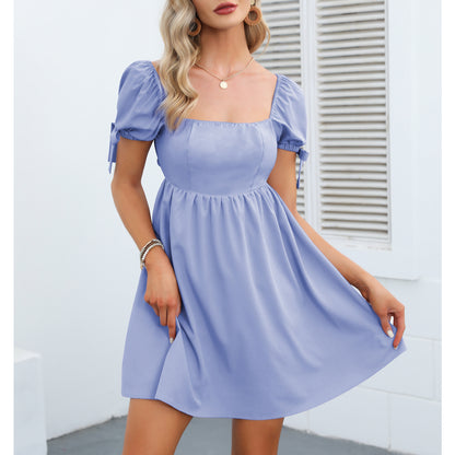 Square Neck Babydoll Dress Backless High Waist Tie Back Short Puff Sleeve Summer Mini Dress Sundress
