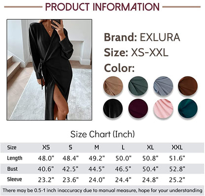 EXLURA Womens Knit Sweater Dress Casual Solid Long Sleeve Wrap Maxi Dresses with Belt