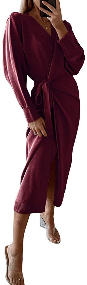 EXLURA Womens Knit Sweater Dress Casual Solid Long Sleeve Wrap Maxi Dresses with Belt