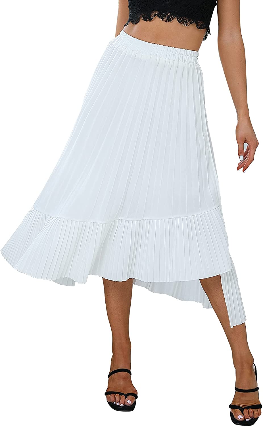 Byinns Women's Stretchy High Waist Ruffle Pleated Asymmetrical A Line Swing Midi Skirts