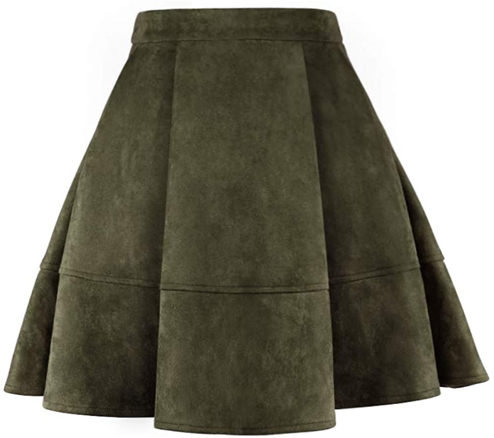 Exlura Womens Faux Suede High Waist Pleated Short Skirt Elastic Button Front Skater Mini Skirt