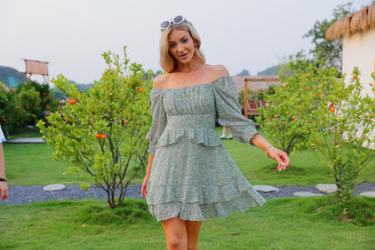 Tiered Square Neck Off Shoulder Smocked Skater  Sundress