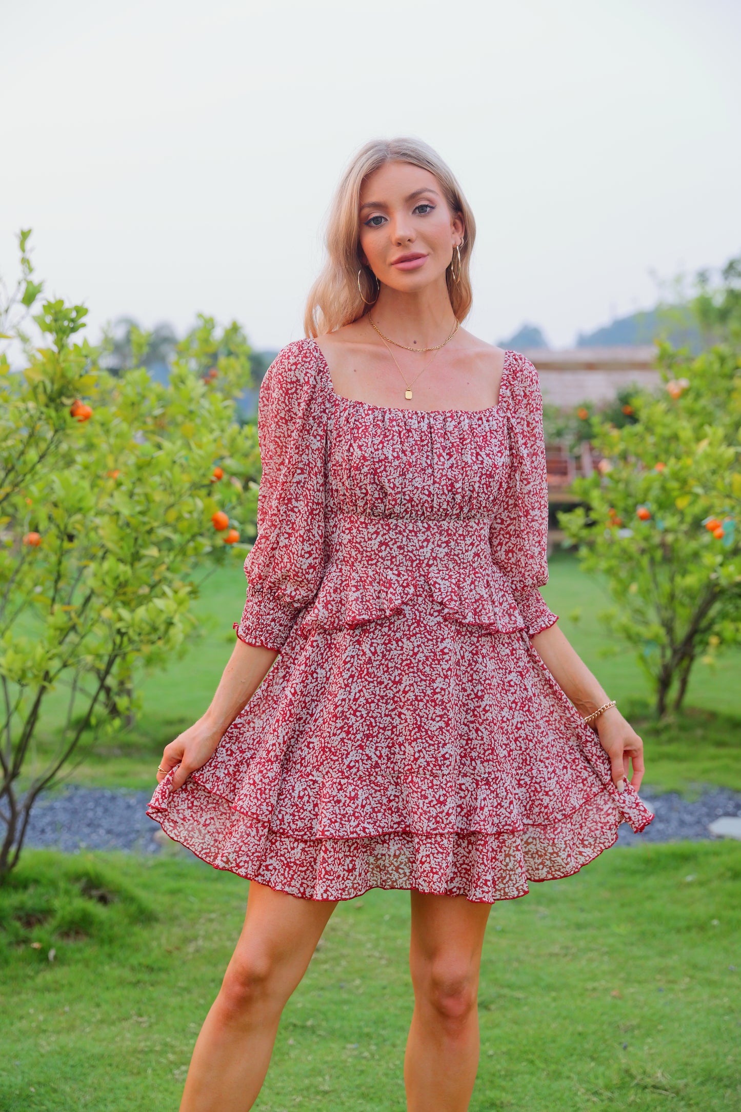 Tiered Square Neck Off Shoulder Smocked Skater  Sundress