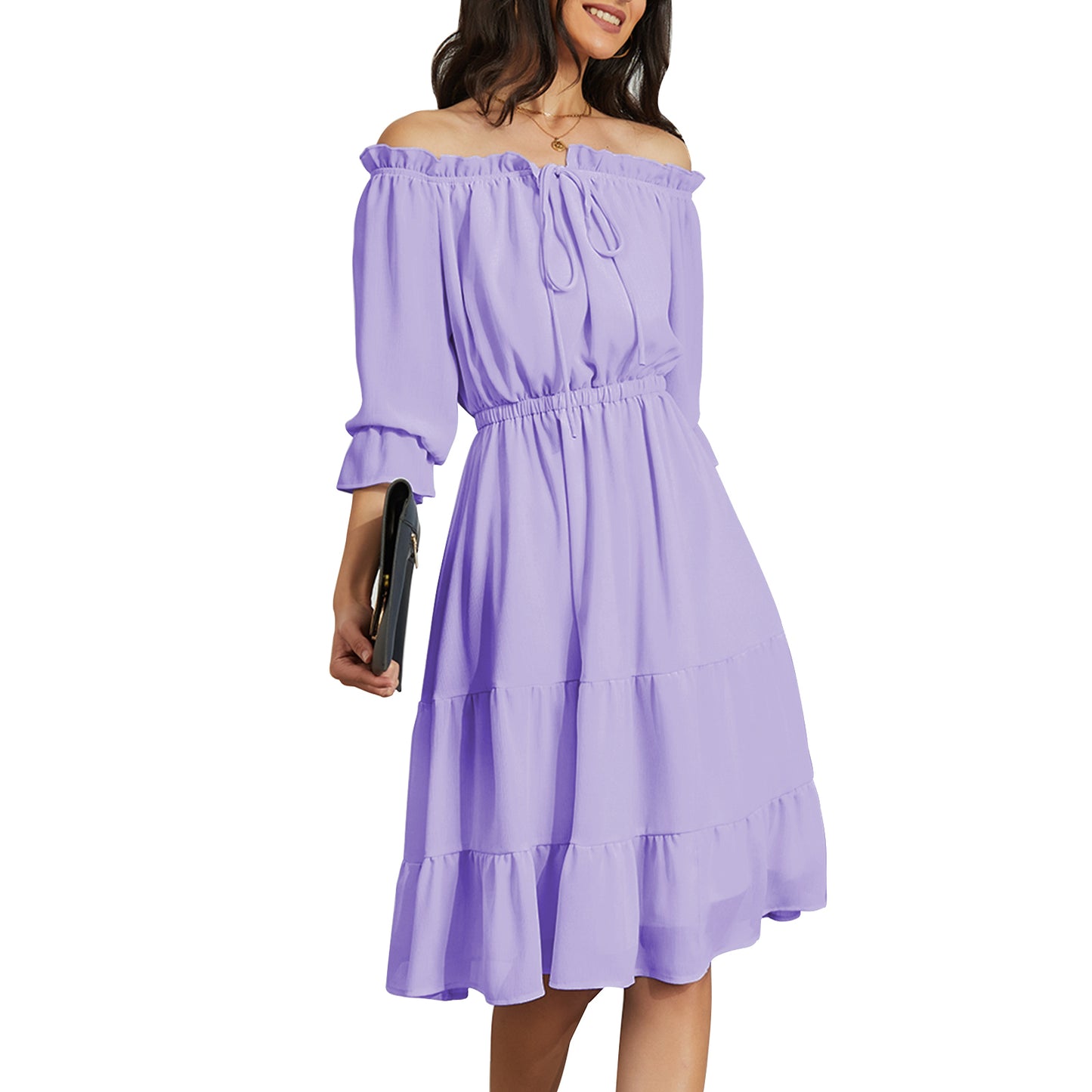 EXLURA Women’s Off Shoulder Long Dress Puff 3/4 Sleeve Tiered Tie Front Frill Hem Flowy Midi Dress Sundress