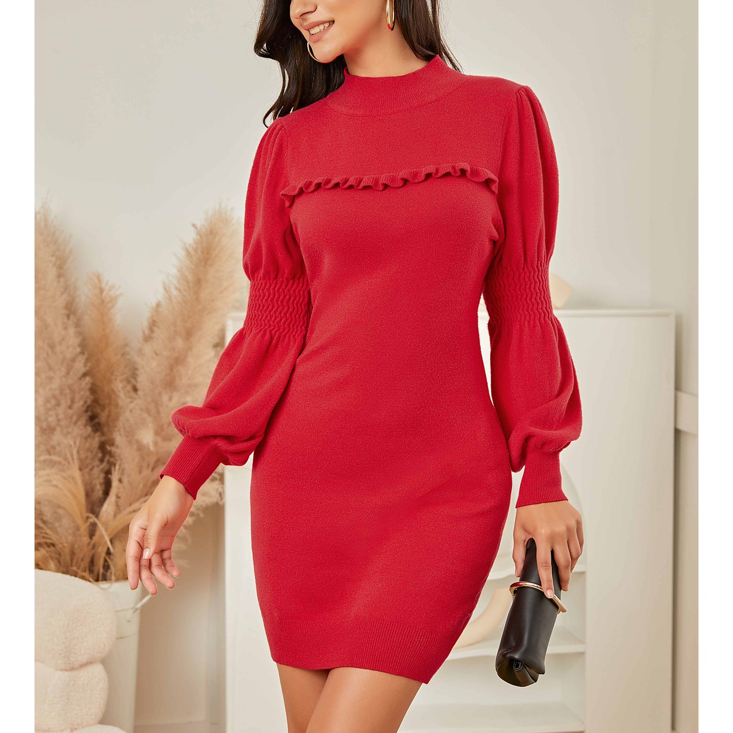 EXLURA Women’s Bodycon Knit Sweater Dress Mock Neck Smocked Long Lantern Sleeve Pullover Dress Ruffle Vintage Club Mini Dress