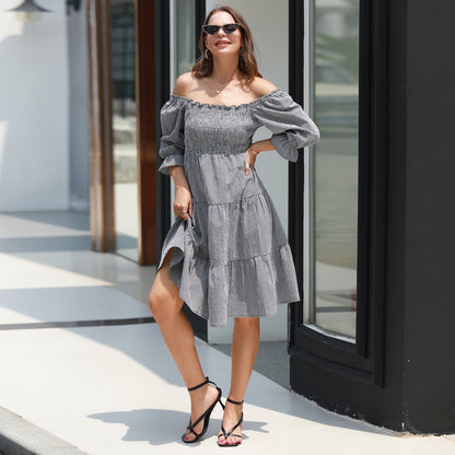 EXLURA Women's Back Tie Knot Square Neck Smocked Bust Puff Elbow Sleeve Ruffle Plaid Tiered Midi Dress