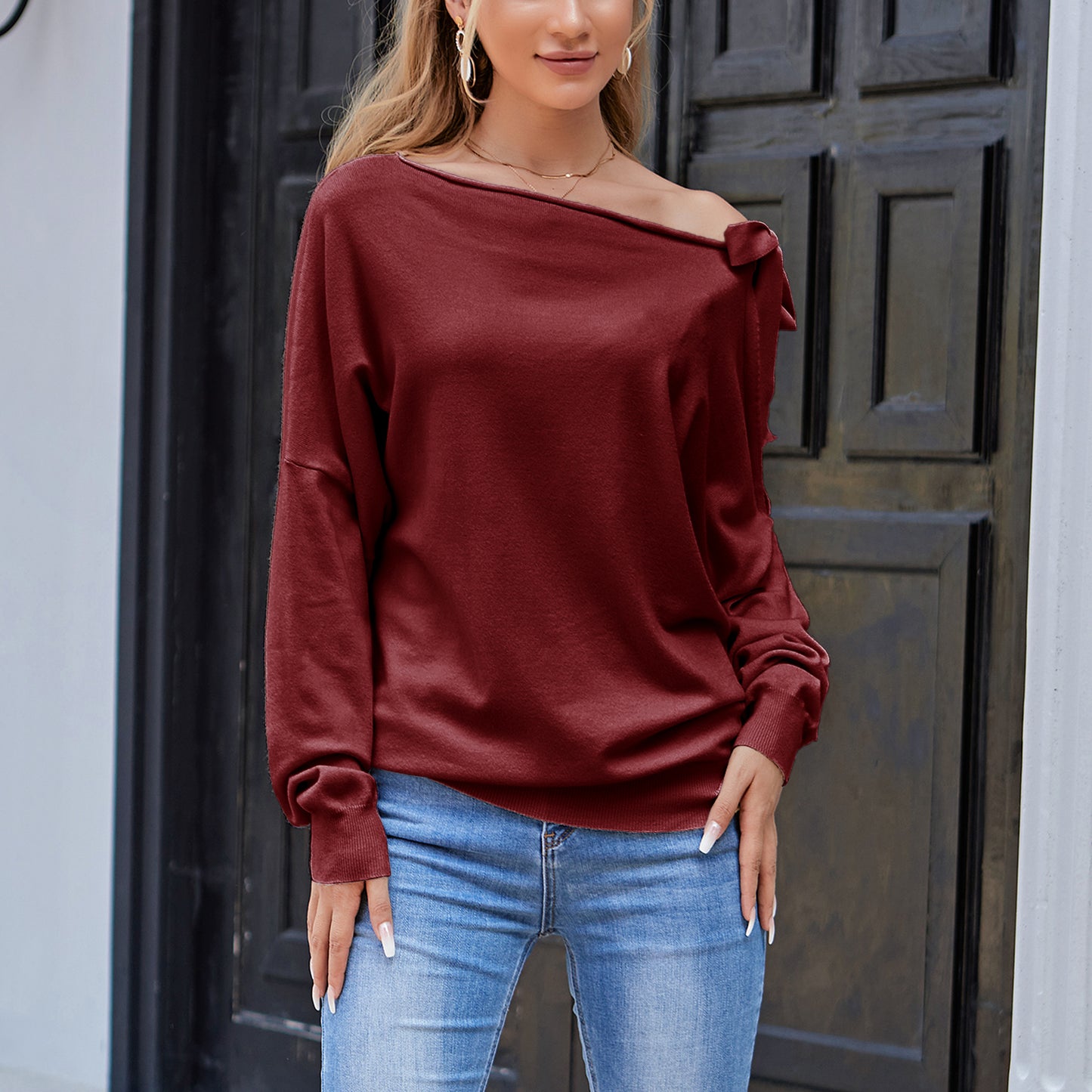 Tie Knot One Shoulder Blouse Batwing Sleeve Elegant Loose Fit Tops