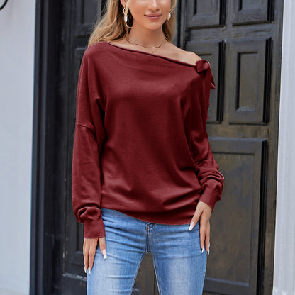 Tie Knot One Shoulder Blouse Batwing Sleeve Elegant Loose Fit Tops