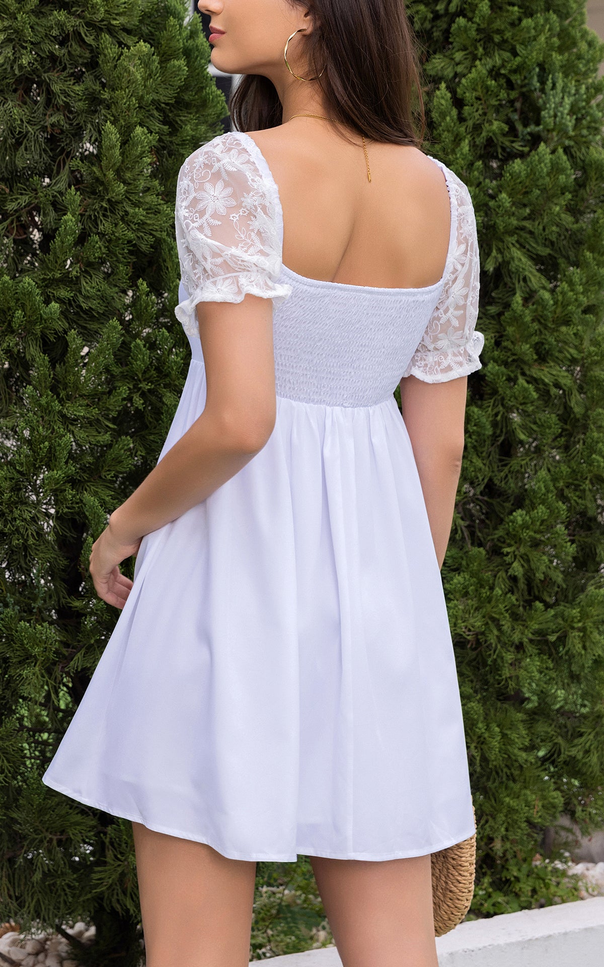 Square Neck Lace Short Puff Sleeve Dress