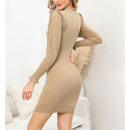 EXLURA Women’s Sexy Bodycon Pullover Sweater Dress Ruffle High Neck Knit Long Puff Sleeve Dress Cute Mini Winter Dress